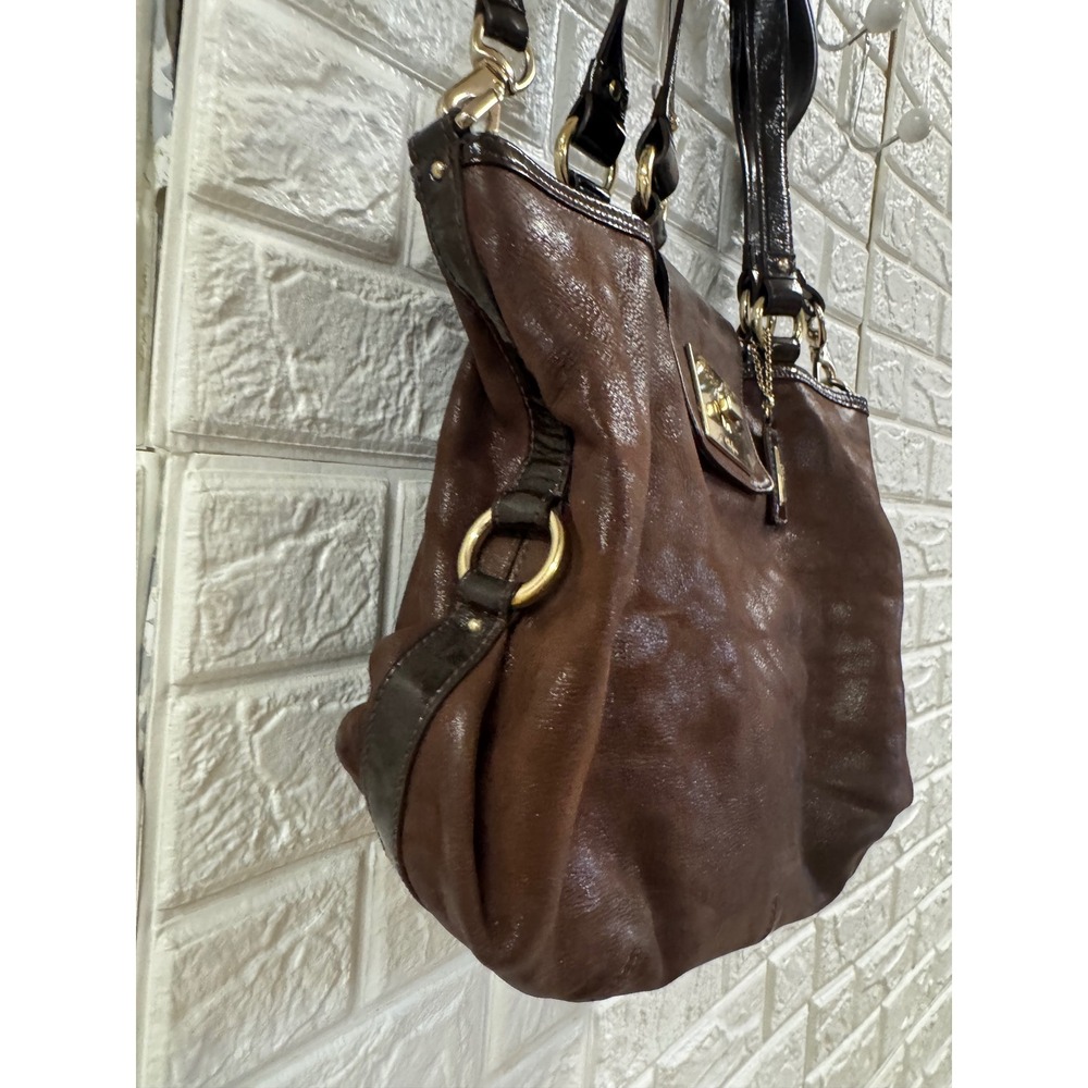Cole Haan Brown Leather Hobo Bag Patent Trim Crossbody Shoulder Handbag GoldTone - Picture 4 of 8